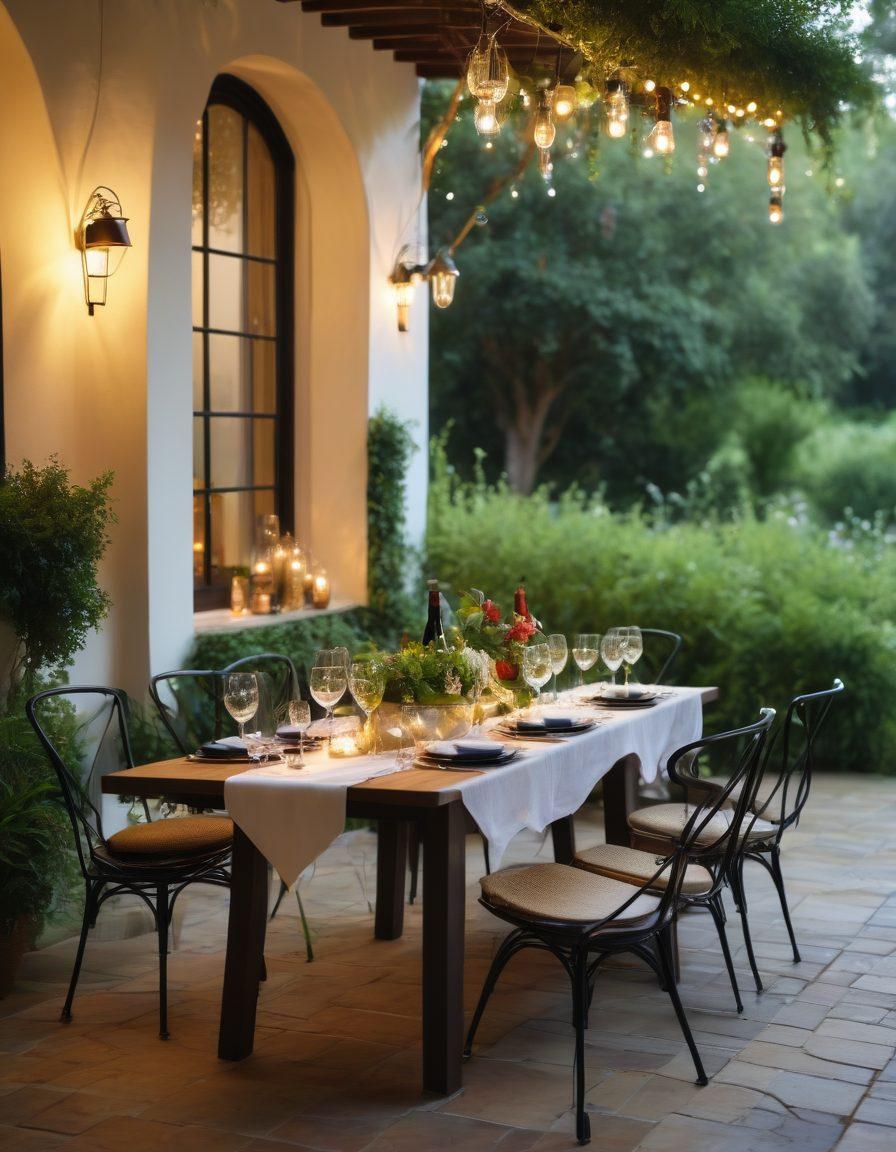 A beautifully set outdoor dining table adorned with elegant wine glasses and gourmet dishes surrounded by lush greenery. Soft fairy lights twinkle overhead, creating a warm and inviting atmosphere. An array of exquisite wine bottles in a stylish wine cooler adds a touch of sophistication. Guests mingling joyfully, enjoying the ambiance and exquisite offerings. vibrant colors. super-realistic. soft focus.