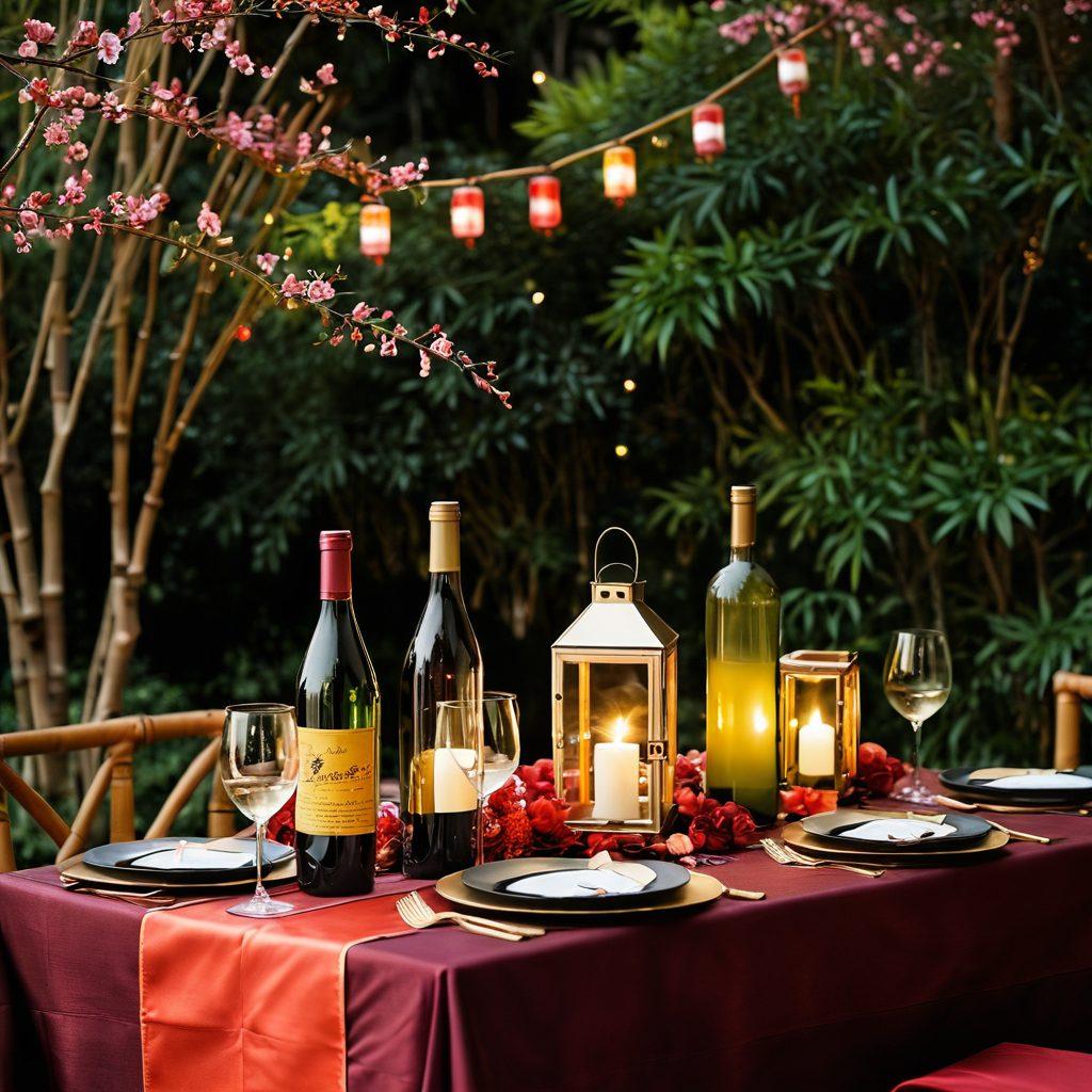 A lavish table setting featuring a mix of vintage and premium wine bottles with elegant Asian-themed decorations such as lanterns and silk table runners. In the background, a serene garden scene with bamboo and cherry blossom trees, complemented by a subtle glow of candlelight. The focus should be on the contrasting styles of the wine bottles, showcasing their labels and colors. super-realistic. vibrant colors. soft lighting.
