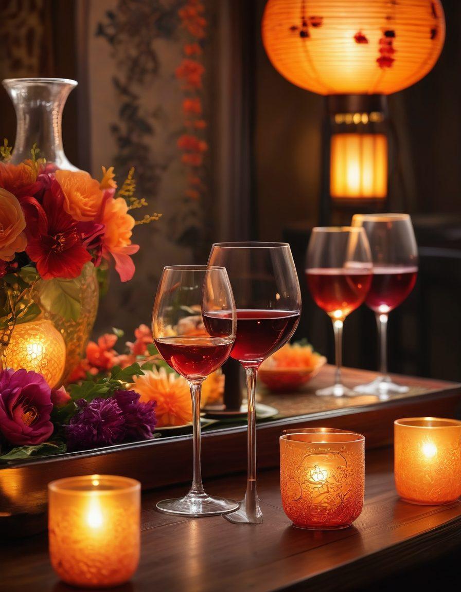 A stunning display of a traditional Asian banquet table set with elegant wine glasses, intricate Asian décor, and a variety of exquisite wines in beautiful bottles. In the background, soft lantern lighting and vibrant floral arrangements create an inviting atmosphere. Capture the essence of celebration and cultural richness in this lively scene, inspiring a sense of joy and connection. super-realistic. vibrant colors. warm lighting.